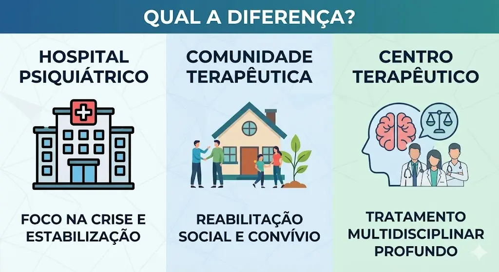 Infográfico explicativo com fundo claro dividindo as diferenças entre Hospital Psiquiátrico (foco na crise e estabilização), Comunidade Terapêutica (reabilitação social e convívio) e Centro Terapêutico (tratamento multidisciplinar profundo).