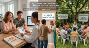 Quanto custa internar um dependente químico: infográfico dividido em três colunas explicativas. A primeira mostra uma mãe e seu filho em uma consulta médica analisando custos de planos de saúde. A segunda mostra o atendimento na recepção de uma clínica particular. A terceira mostra um grupo de apoio terapêutico ao ar livre em uma área verde do SUS com placas indicativas.